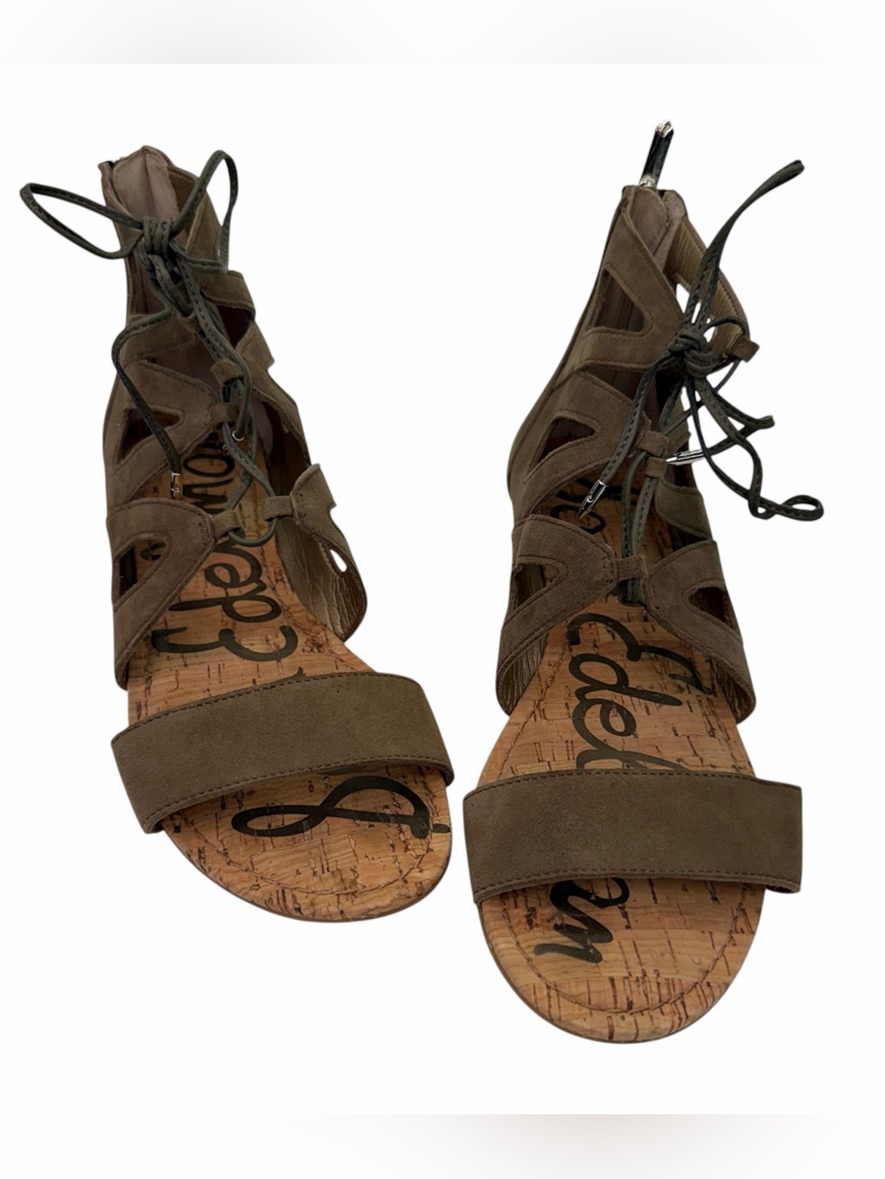 Sam Edelman Dean Lace-Up Gladiator Sandals Olive Green Suede Cork Wedge Size 8.5